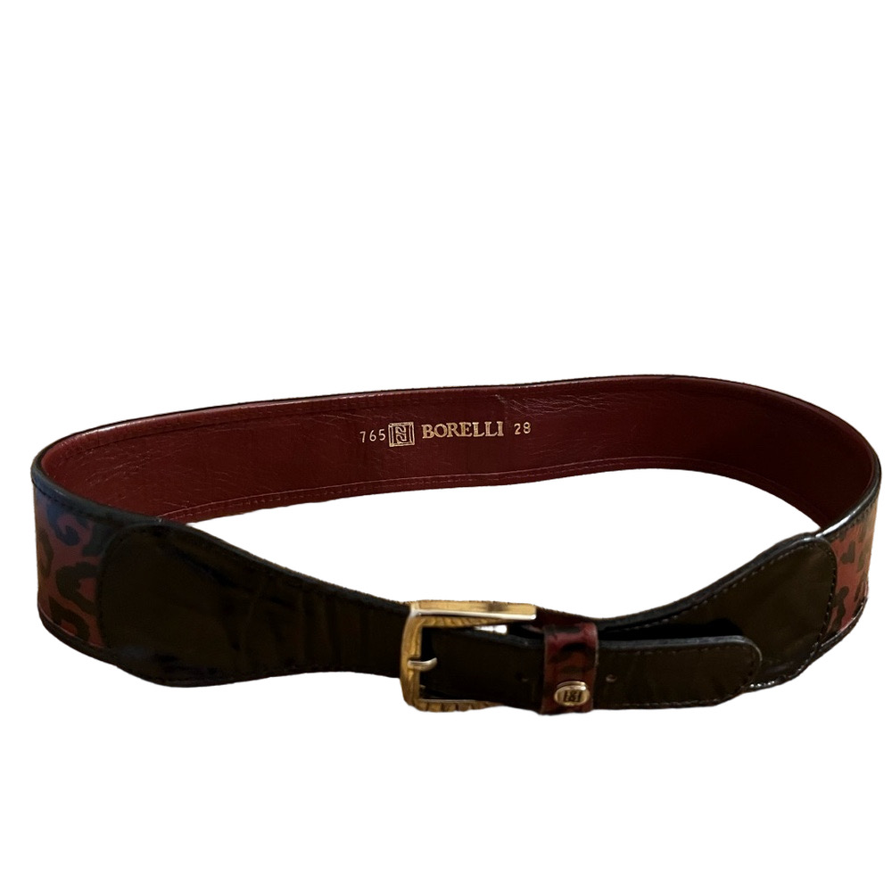Borelli patent leather belt red and black leopard print silver-tone buckle SZ 28